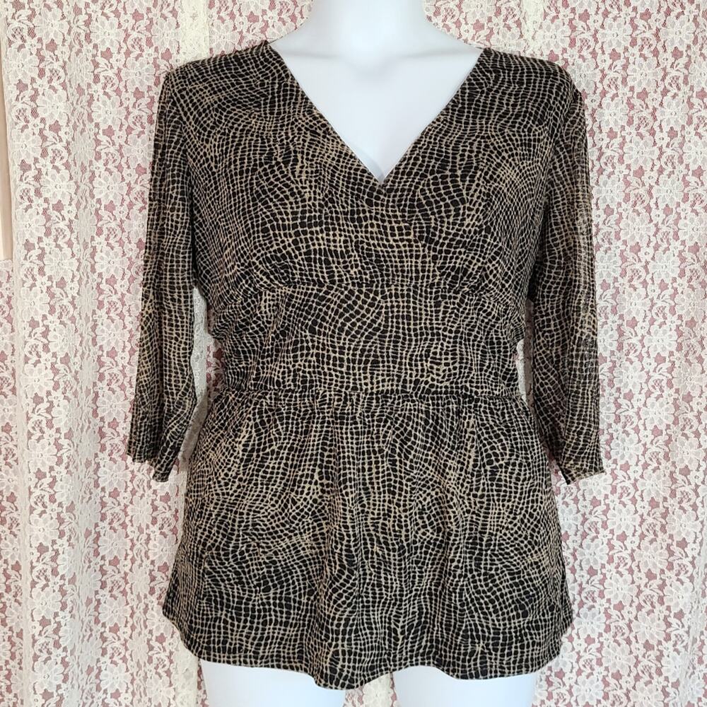 alfani brown black sheer 3/4 sleeve v neck abstract blouse Size large